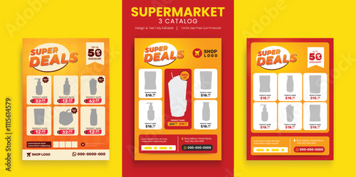 Supermarket product sale catalog flyer bundle template. Supermarket flyer with discounts. Minimalist layout banner for supermarket product price catalog