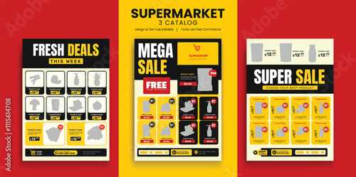 Supermarket product sale catalog flyer bundle template. Supermarket flyer with discounts. Minimalist layout banner for supermarket product price catalog