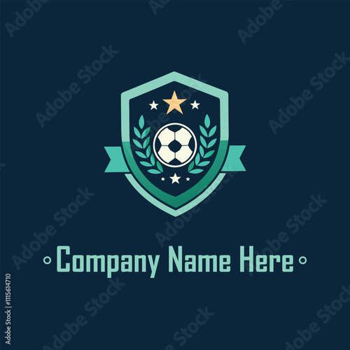 Shield soccer ball laurel stars ribbon dark blueteal minimalist