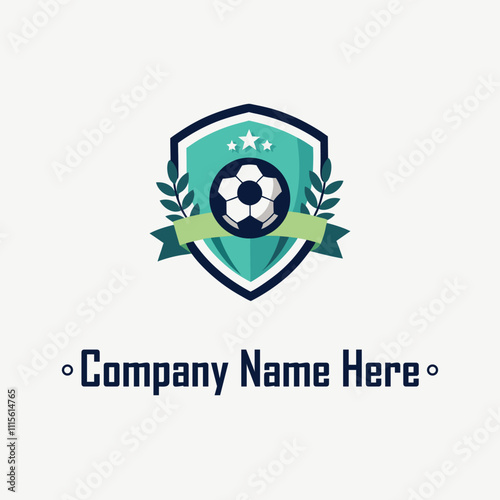 Shield soccer ball laurel stars ribbon dark blueteal minimalist