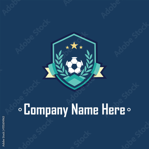 Shield soccer ball laurel stars ribbon dark blueteal minimalist