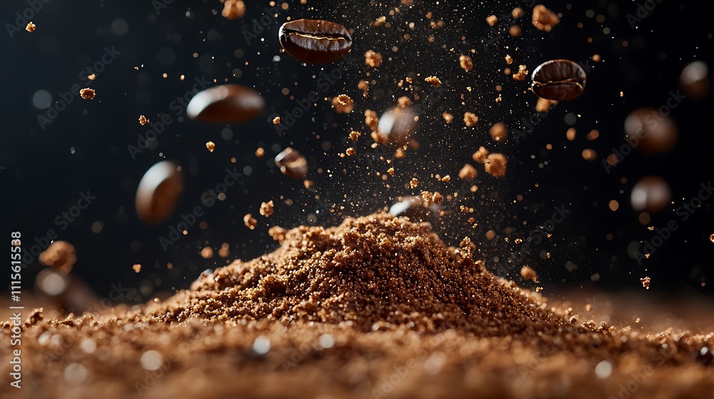 Coffee beans and grounds falling onto a pile. Coffee beans and grounds falling onto a pile.