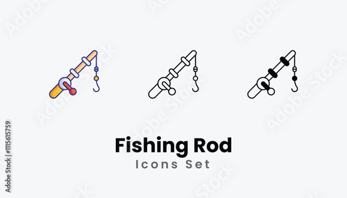 Fishing Rod Icons thin line and glyph vector icon stock illustration