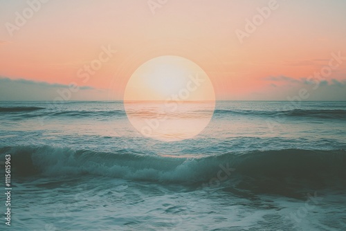 A vibrant sunset horizon over the ocean, soft lensflare effects illuminating the water and sky, double exposure blending ocean waves and sky, warm tones, peaceful and meditative mood 3 photo