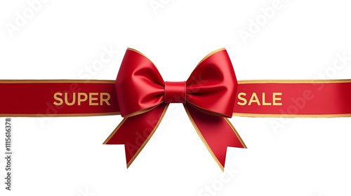 red ribbon with bow and gold lettering SUPER SALE, retail promotions, discounts, big sales. Transparent background.