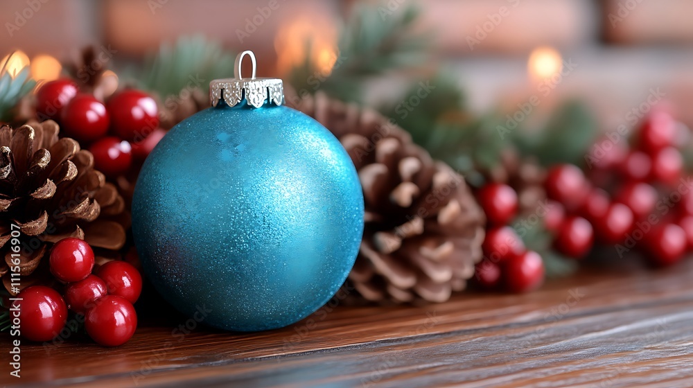 Teal Christmas Ornament Decorated With Pine Cones And Berries Teal Christmas Ornament Decorated With Pine Cones And Berries