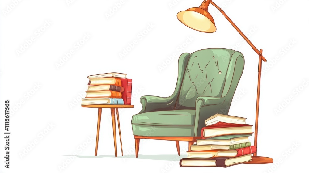 A cartoon-style armchair under a vintage-style lamp, with books piled on a small table, on a clean white backdrop