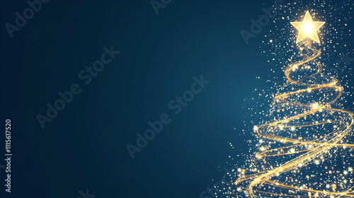 A blue background with a glowing Christmas tree, star, and swirls of light particles on the right side of it The Christmas tree is made from sparkling white lights space for text 