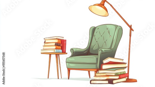 Obraz na płótnie A cartoon-style armchair under a vintage-style lamp, with books piled on a small table, on a clean white backdrop w salonie