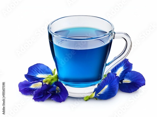 Glass cup of organic blue butterfly pea flower tea (blue pea, bluebellvine, cordofan pea, clitoria ternatea) isolated on white background.