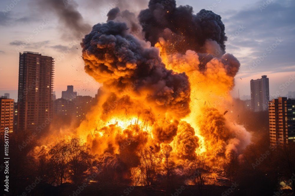 Fototapeta premium Devastating explosion in central kyiv leaves half of the city in ruins and widespread destruction