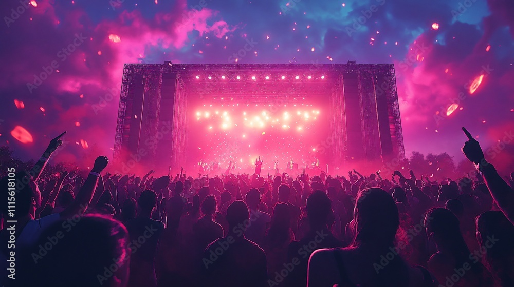 Fototapeta premium A vibrant music festival and concert with an enthusiastic crowd cheering, shouting, and expressing their excitement and joy. The atmosphere is filled with energy, as fans celebrate live performances a