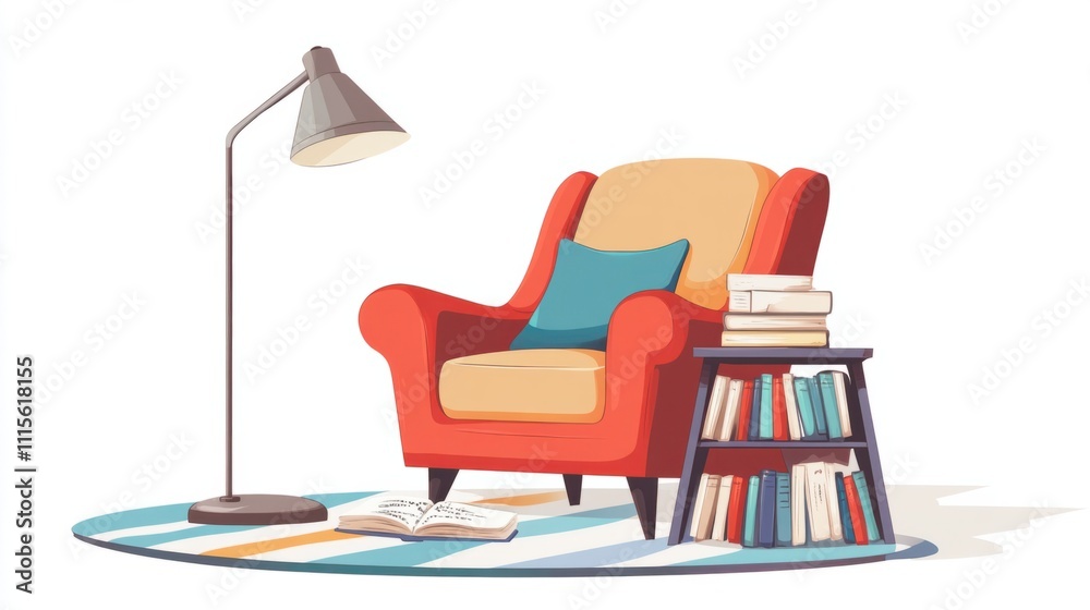 Cartoon-style reading corner with a chair, a table lamp, and a small side table filled with books, on white