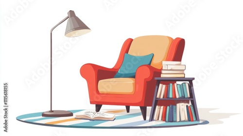 Obraz na płótnie Cartoon-style reading corner with a chair, a table lamp, and a small side table filled with books, on white w salonie