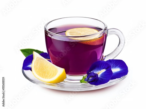 Glass cup of organic purple butterfly pea flower tea (blue pea, bluebellvine, cordofan pea, clitoria ternatea) with lemon isolated on white background.
