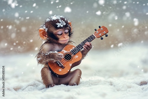 A little playful monkey playing a ukulele on a snowy beach, snowflakes falling gently around, the image captured in breathtaking high-definition, close-up details 3 photo