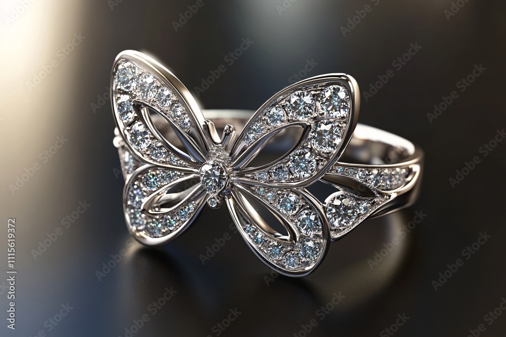 A delicate butterfly-shaped ring design with diamond accents, featuring clean draft lines and vector drawings, atmospheric lighting adding elegance 1 A delicate butterfly-shaped ring design with diamond accents, featuring clean draft lines and vector drawings, atmospheric lighting adding elegance 1
