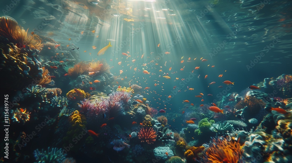 Obraz premium An underwater view of a snorkeling expedition, showcasing a vibrant coral reef teeming with colorful marine life