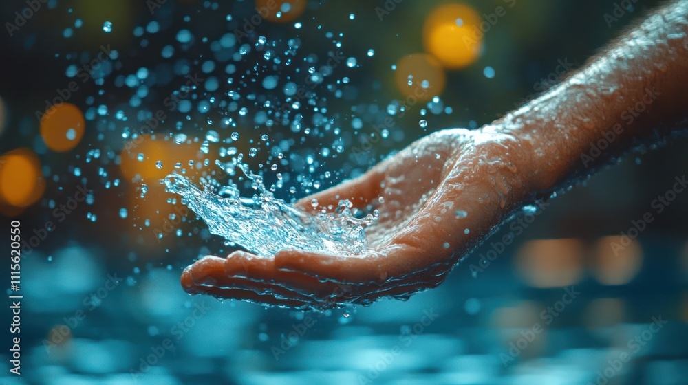 Fototapeta premium Water splashing on hand, bokeh background.