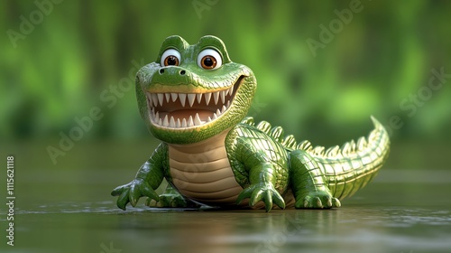 Cute cartoon crocodile with big smile. 3D render. photo