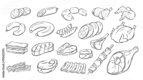 Meat line icons set. Hand drawn retro raw and cooked beef steak, BBQ sausage and pork kebab, chicken and ham, bacon slices. Butchers shop mascots, doodle meat icons collection vector illustration