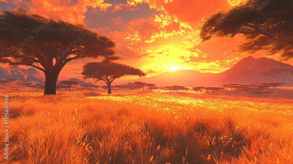 Fototapeta premium A wide savanna with acacia trees, tall golden grass, and a vibrant orange sunset in the background.