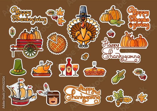 Happy Thanksgiving stickers. Cute cartoon turkey, pie, pumpkin, Pilgrim hat, harvest symbols, Indian, sailing ship, rowan, maple, acorn, handwritten words Happy Thanksgiving. Vector illustration.