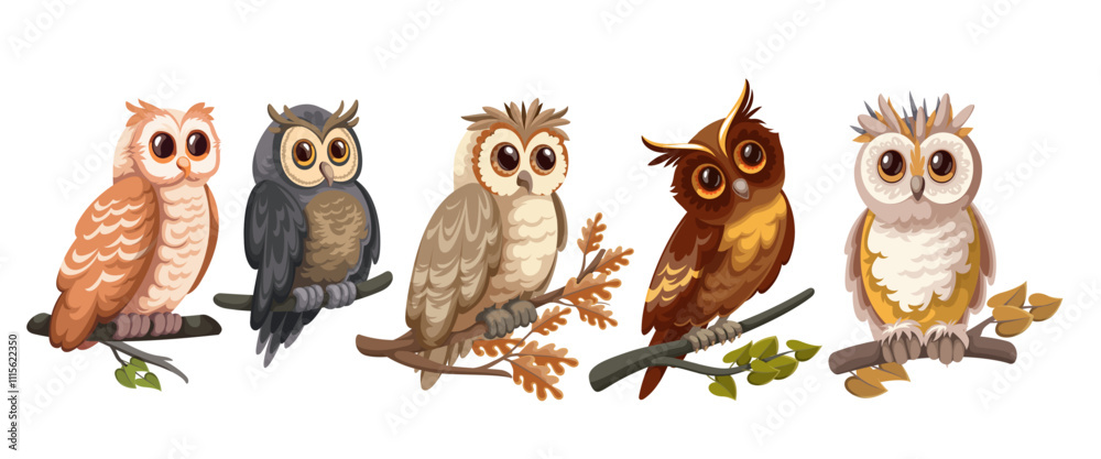 Fototapeta premium Cute cartoon owls of different types set. Funny baby birds sitting on linden and oak tree branch, watching prey with big eyes. Ornithology, animal mascot, cartoon owls collection vector illustration