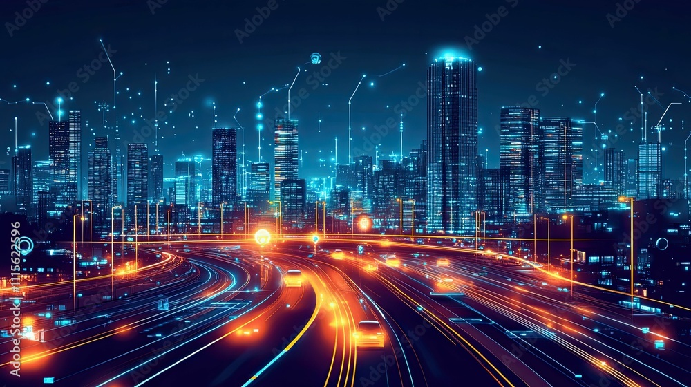 Futuristic cityscape, glowing highway, digital network. Futuristic cityscape, glowing highway, digital network.