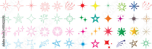 Star sparkle line art, colorful starburst icons, shooting stars, and twinkling sparkle shapes in varied styles and vibrant color for creative designs, celebrations, digital art, or decorative projects