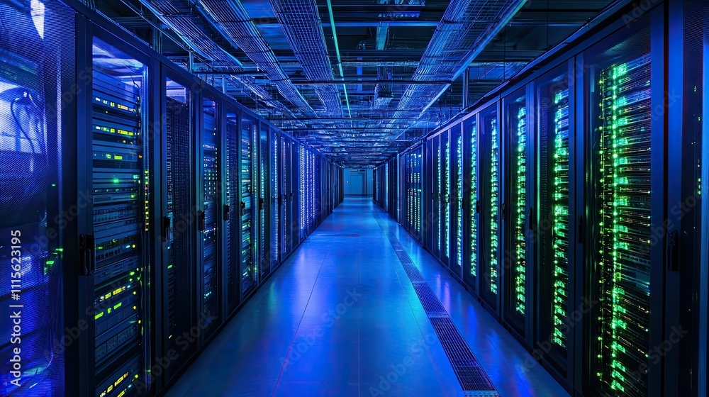 Fototapeta premium Luminous server racks in a data center corridor.