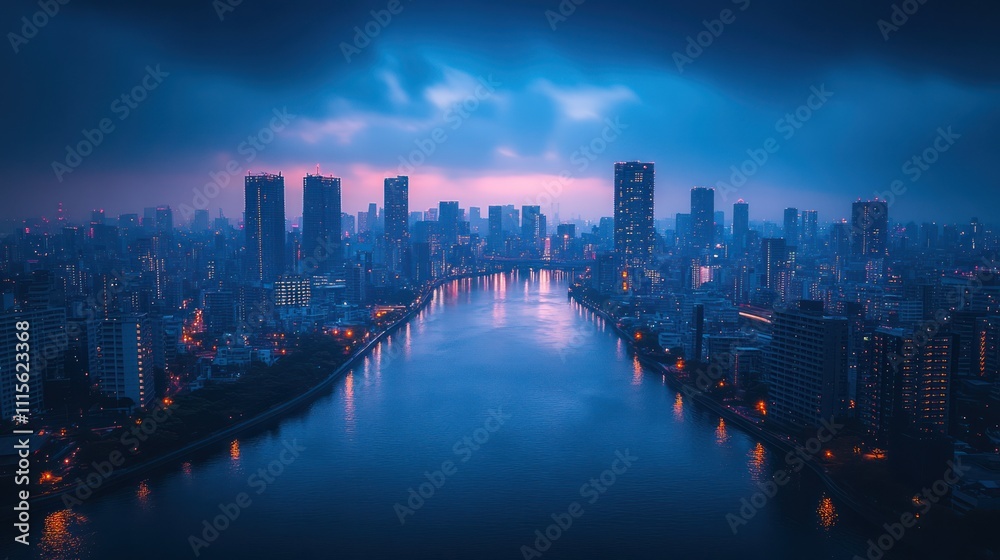 Fototapeta premium Twilight cityscape with river reflection.