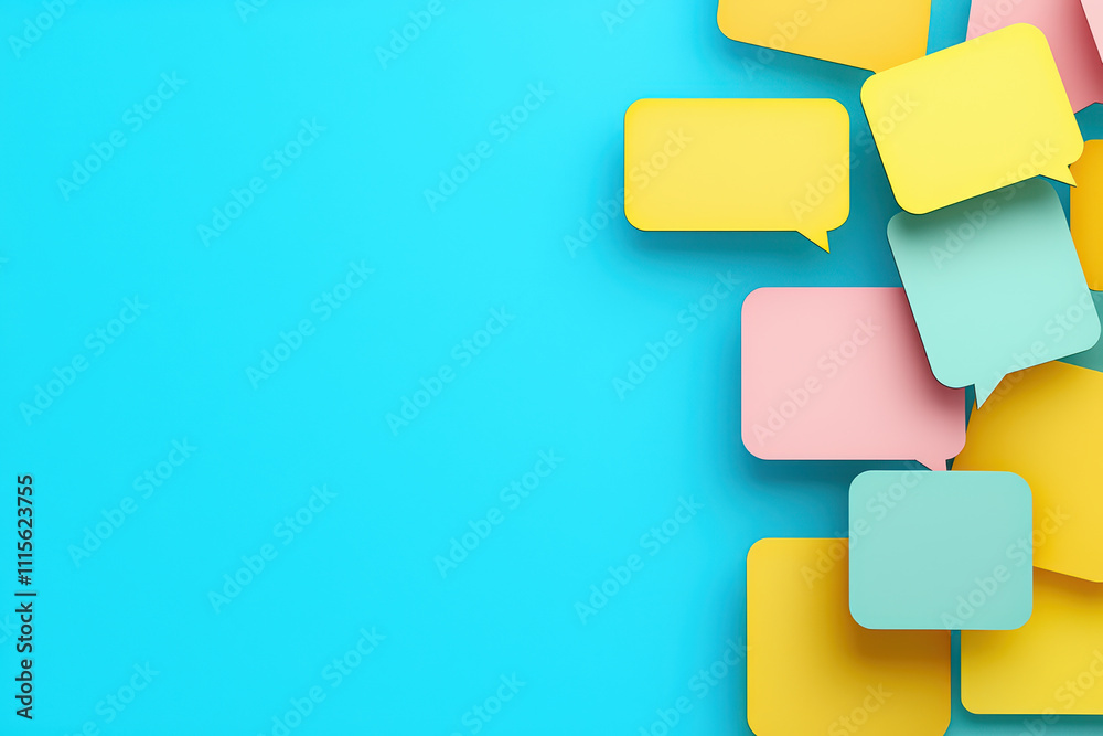 Colorful speech bubbles on bright blue background create vibrant design Colorful speech bubbles on bright blue background create vibrant design