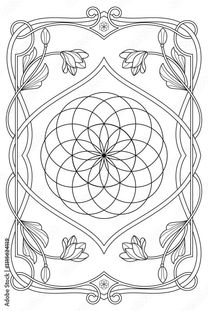 Fototapeta premium Luxury sacred geometry flower of life art nouveau style illustration. Tarot deck design. Romantic esoteric vector art.
