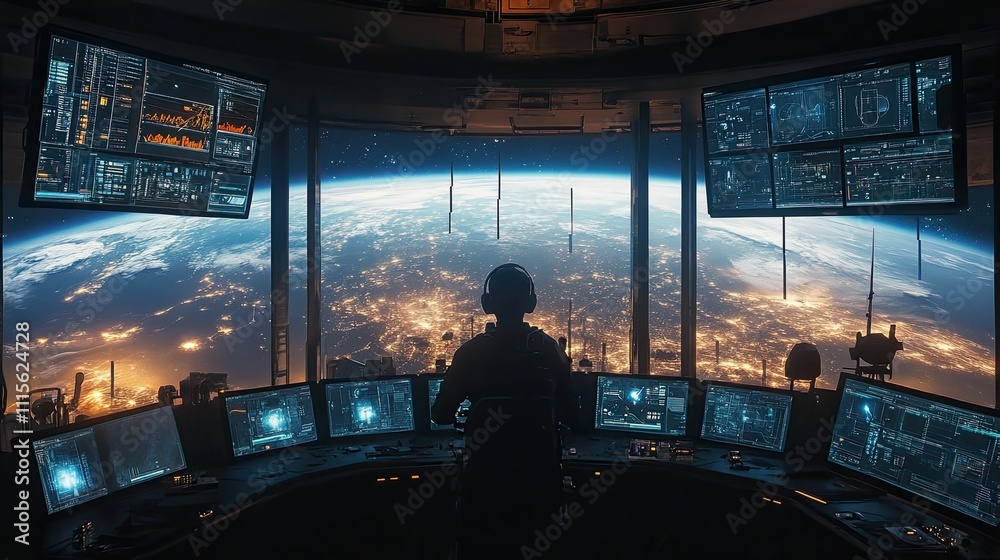 Space station operator monitoring Earth's nighttime lights. Space station operator monitoring Earth's nighttime lights.
