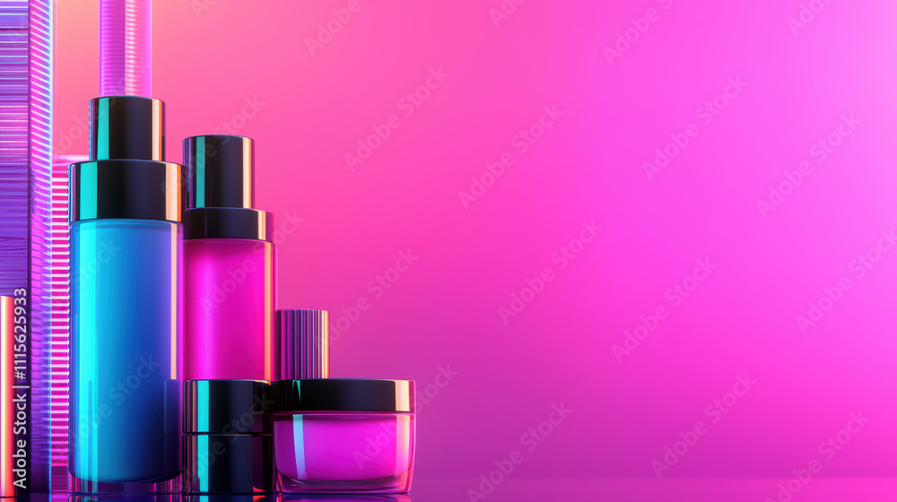 Modern cosmetic bottles in vibrant colors against pink gradient background Modern cosmetic bottles in vibrant colors against pink gradient background