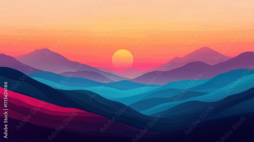 Obraz premium A vibrant sunset over layered mountains, showcasing rich hues of pink, orange, and blue, creating a serene and tranquil landscape.