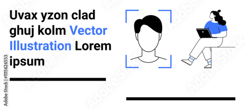 Character profile outline, person using a laptop, bold text blocks, blue accents, vector style. Ideal for digital identity, web profile, online presence, tech interfaces, modern design, professional