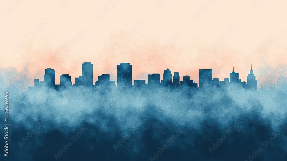 Fototapeta premium Pollution toxins air. Silhouette of a city skyline emerging from fog at dawn.