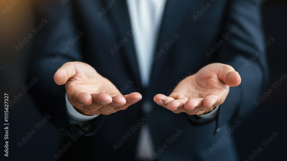 Fototapeta premium Open hands of businessperson in suit, symbolizing offering and communication, conveying sense of professionalism and engagement