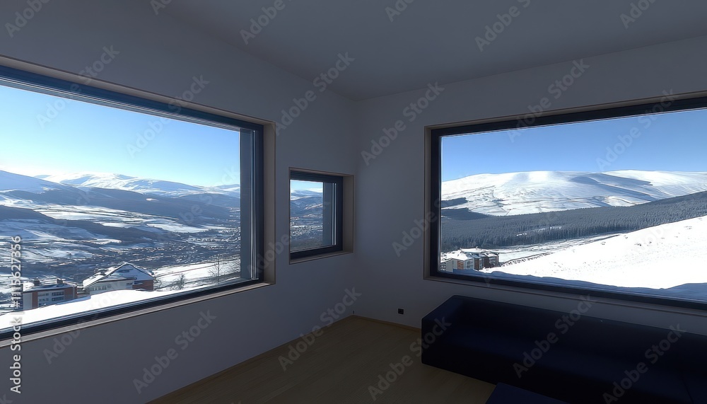 Fototapeta premium Mountain View Room With Large Windows Showing Snowy Peaks