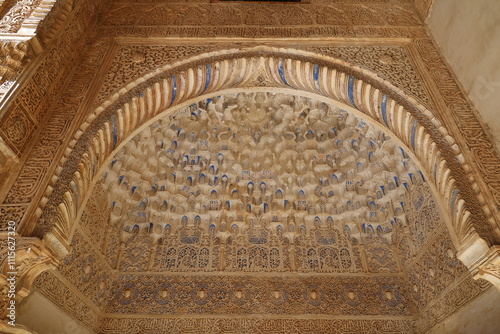 Moorish ceiling close up in the Alhambra, Granada, Andalusia, Spain