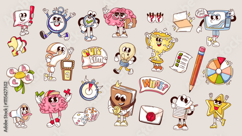 Groovy quiz cartoon characters and stickers set. Funny retro speech bubbles with question and exclamation mark, brain. Smart game mascots, cartoon quiz collection of 70s 80s style vector illustration