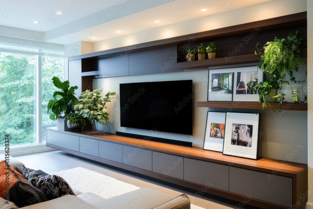 Modern living room with built-in entertainment center, flat screen TV, shelves and plants. Modern living room with built-in entertainment center, flat screen TV, shelves and plants.