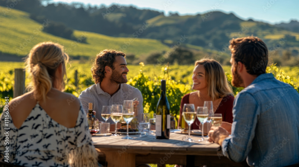 Obraz premium Friends enjoying wine tasting at a vineyard during sunset