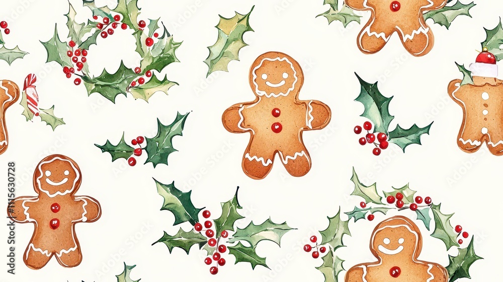 Fototapeta premium A festive pattern featuring gingerbread cookies and holly leaves, perfect for holiday themes and decorations.