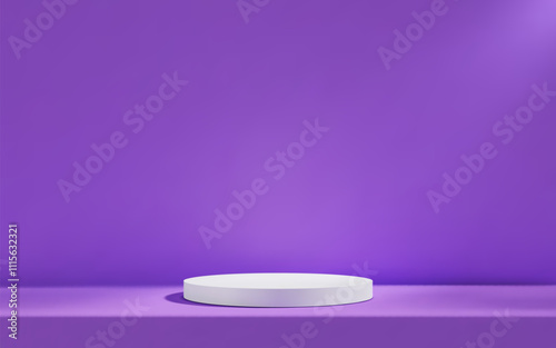 3d white podium in purple empty room with table. Background studio scene with platform for product presentation