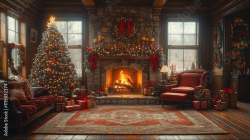 Cozy Christmas Living Room with Fireplace and Festive Decorations