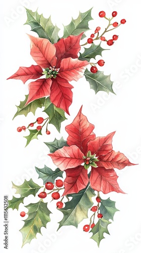 Watercolor Poinsettia and Holly Arrangement