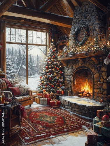 Cozy Christmas Living Room with Fireplace and Festive Decorations